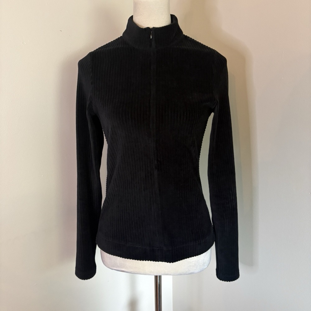 ME+EM Black Fluid Cord Velour Slim Fit Top AW24 Mock Neck Quarter Zip US 6 UK 10